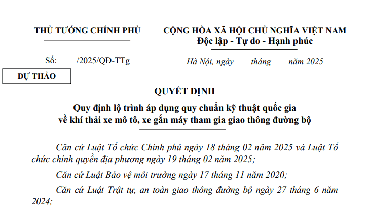 Đã có dự thảo Quy định lộ trình áp dụng quy chuẩn khí thải xe mô tô, xe gắn máy tham gia giao thông đường bộ