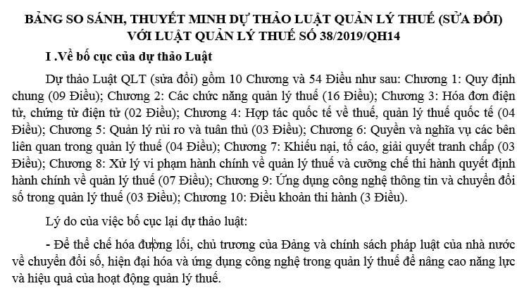 Bảng so sánh dự thảo Luật Quản lý thuế (mới) với Luật Quản lý thuế 2019