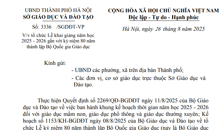 Công văn 3336: Chỉ đạo mới về tổ chức Lễ khai giảng năm học 2025 - 2026 tại Hà Nội