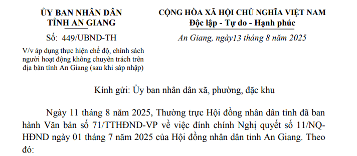 Công văn 449: Chỉ đạo mới về chế độ chính sách cán bộ không chuyên trách tỉnh An Giang (sau khi sáp nhập)