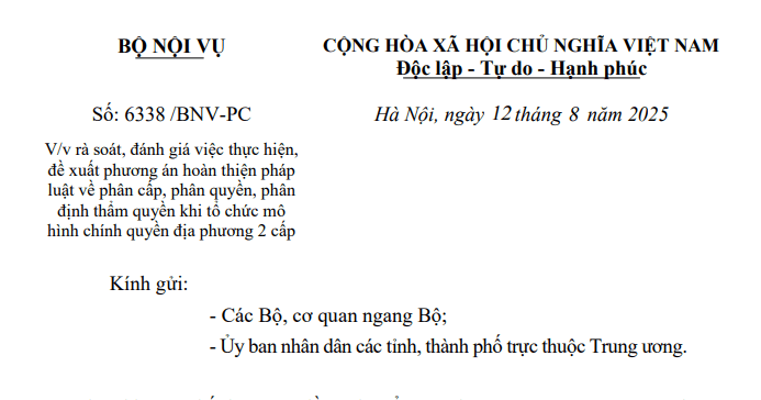 Công văn 6338: Chỉ đạo mới của Bộ Nội vụ về phân cấp phân quyền khi tổ chức chính quyền địa phương 2 cấp