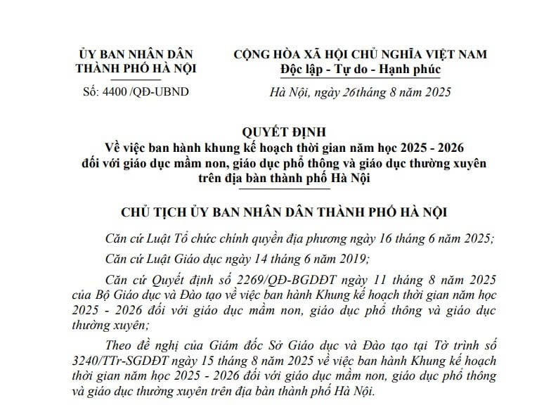 Khung kế hoạch thời gian năm học 2025 - 2026 tại Hà Nội (Quyết định 4400/QĐ-UBND)