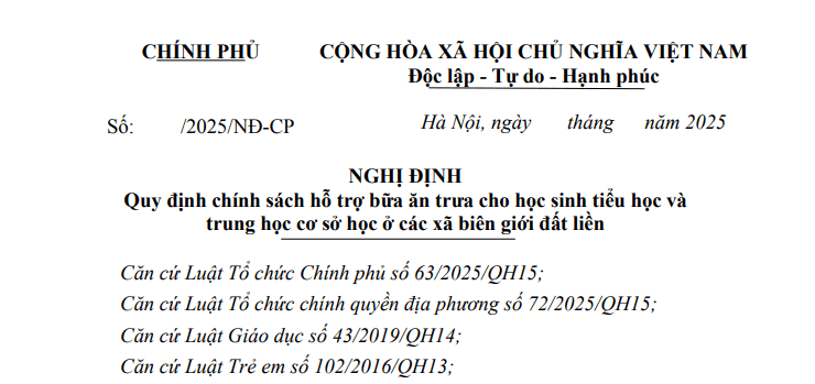 Đã có dự thảo Nghị định về chính sách hỗ trợ ăn trưa cho học sinh tiểu học và THCS ở các xã biên giới đất liền