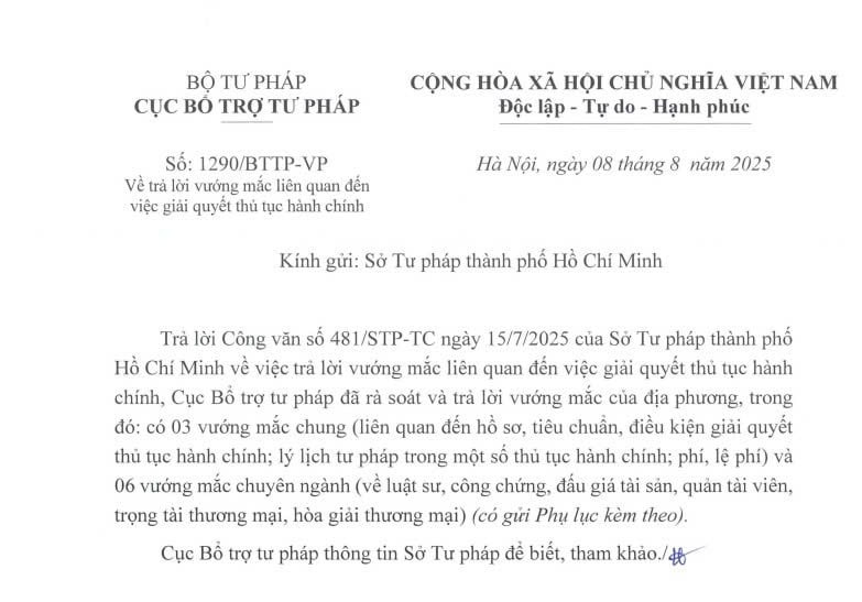Đã có Công văn 1290/BTTP-VP trả lời vướng mắc về giải quyết thủ tục hành chính của Cục Bổ trợ tư pháp