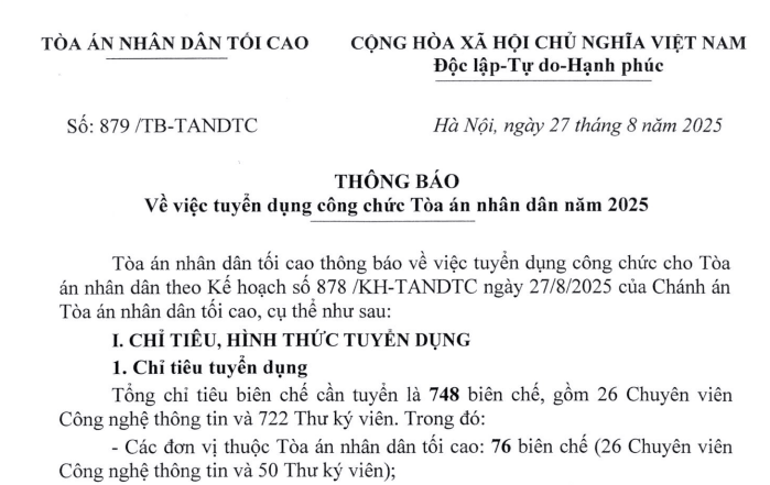Tòa án nhân dân tối cao tuyển dụng công chức năm 2025 với 748 biên chế