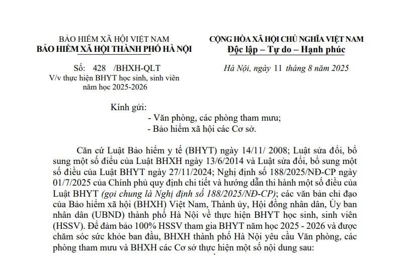Công văn 428: Hướng dẫn thực hiện BHYT học sinh sinh viên năm học 2025-2026 của BHXH Hà Nội 