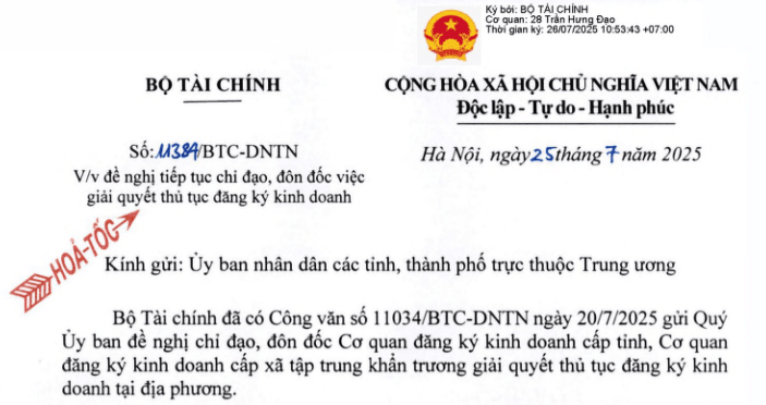 Công văn 11384: Hướng dẫn bổ sung về giải quyết thủ tục đăng ký kinh doanh khi vận hành CQĐP 02 cấp