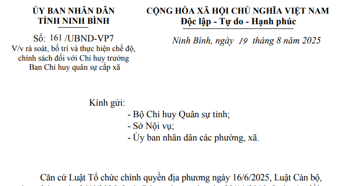 Chỉ đạo mới về chế độ chính sách đối với Chỉ huy trưởng quân sự tại cấp xã tại Ninh Bình