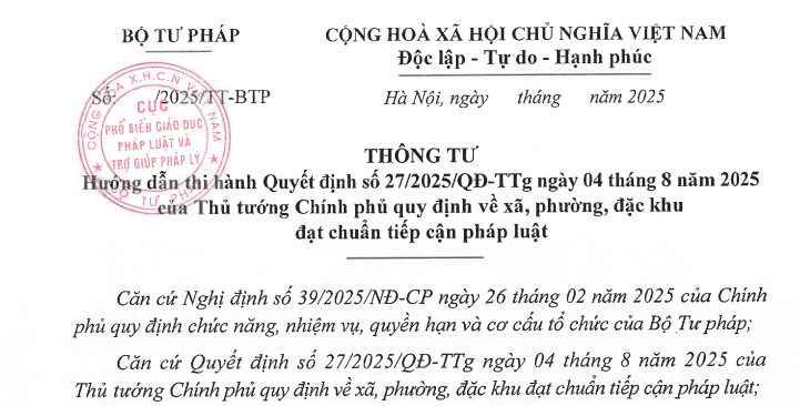 Đã có dự thảo Thông tư về xã phường đặc khu đạt chuẩn tiếp cận pháp luật
