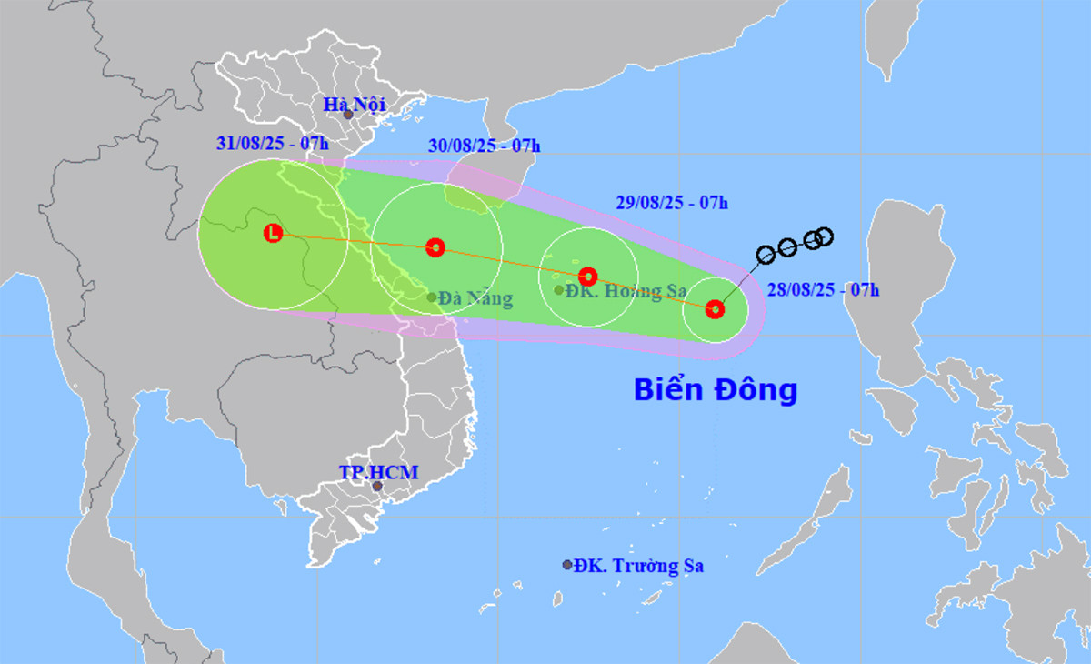 Bản đồ dự báo đường đi, khu vực ảnh hưởng của áp thấp nhiệt đới. (Nguồn: NCHMF)