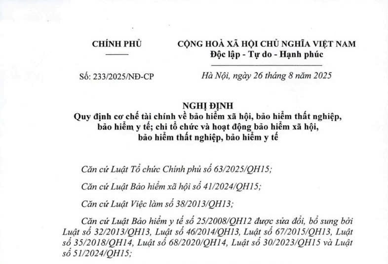Đã có Nghị định 233/2025/NĐ-CP cơ chế tài chính về BHXH, BHTN và BHYT