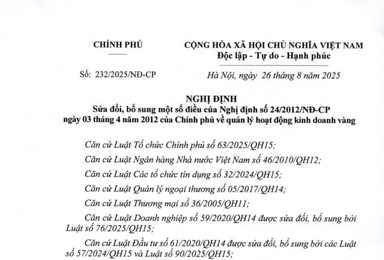 Đã có Nghị định 232/2025/NĐ-CP sửa đổi Nghị định 24/2012 về kinh doanh vàng từ ngày 10/10/2025