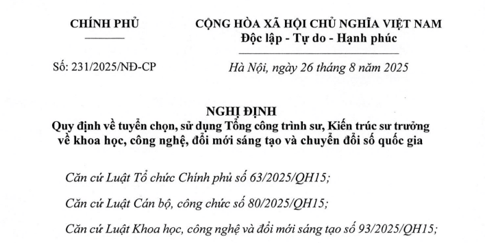 Đã có Nghị định 231/2025/NĐ-CP về tuyển chọn, sử dụng Tổng công trình sư, Kiến trúc sư trưởng về khoa học