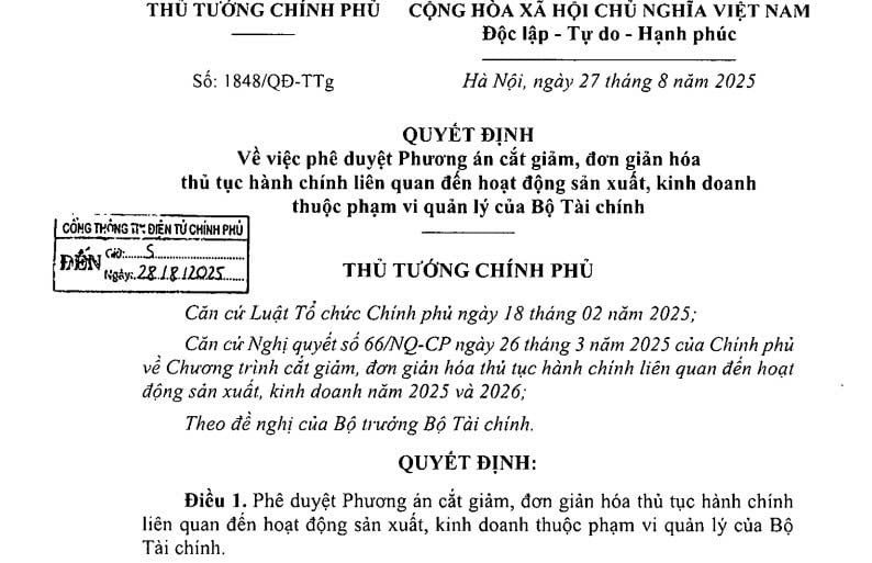 Quyết định 1848/QĐ-TTg: Phương án cắt giảm thủ tục hành chính về sản xuất kinh doanh thuộc quản lý của Bộ Tài chính 