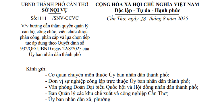 Công văn 1111: Hướng dẫn mới về thẩm quyền quản lý cán bộ công chức viên chức tại thành phố Cần Thơ