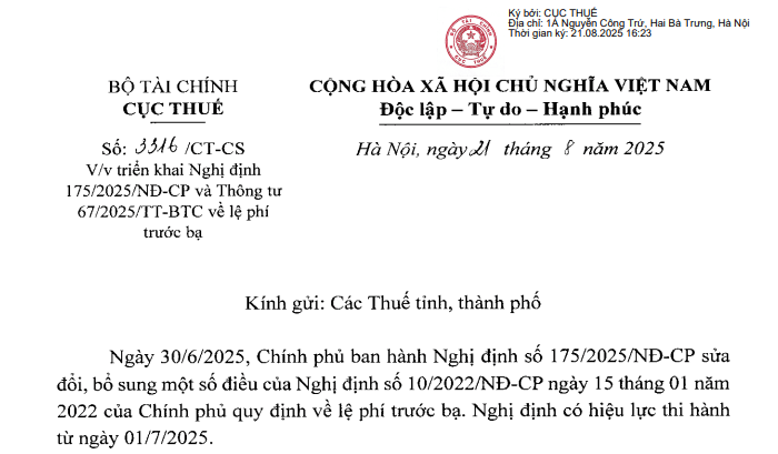 Công văn 3316: Cục Thuế có hướng dẫn mới về lệ phí trước bạ tại Nghị định 175/2025 và Thông tư 67/2025