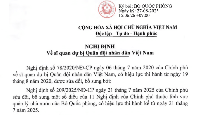 VBHN Nghị định về sĩ quan dự bị Quân đội nhân dân Việt Nam