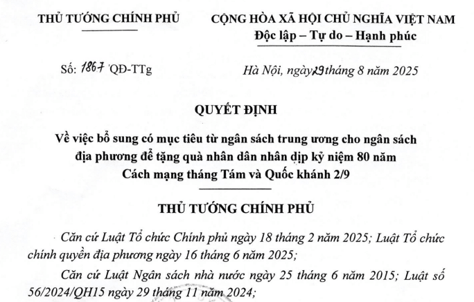 Đã có Quyết định 1867/QĐ-TTg bổ sung ngân sách tặng 100.000 đồng dịp Quốc khánh 2/9/2025