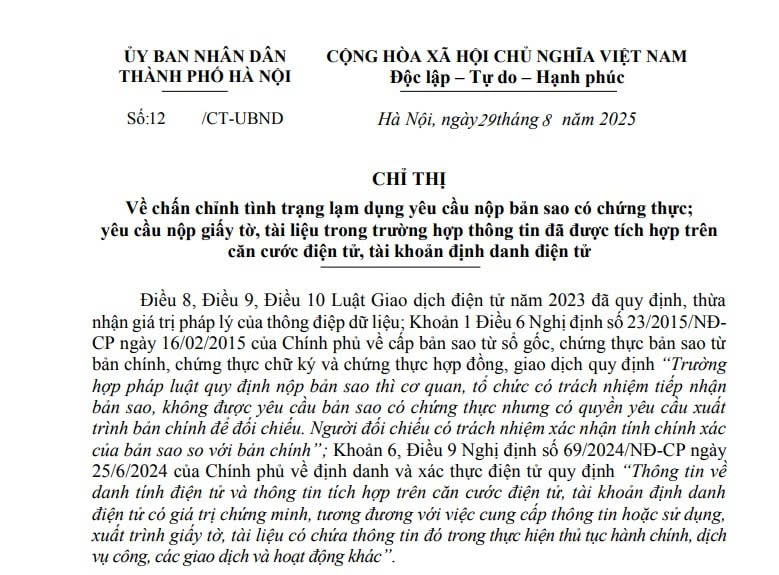 Chỉ thị 12/CT-UBND: Chấn chỉnh tình trạng lạm dụng yêu cầu nộp bản sao có chứng thực tại Hà Nội