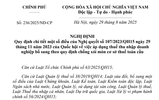 Đã có Nghị định 236/2025/NĐ-CP hướng dẫn Nghị quyết 107 áp thuế tối thiểu toàn cầu