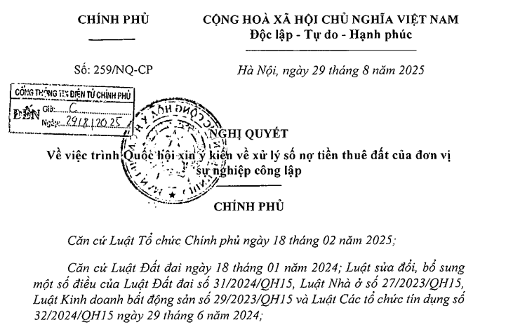 Nghị quyết 259/NQ-CP xin ý kiến về xử lý số nợ tiền thuê đất của đơn vị sự nghiệp công lập