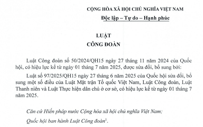 Đã có Văn bản hợp nhất Luật Công đoàn (Luật số 90/VBHN-VPQH)