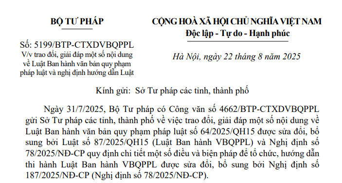 Công văn 5199: Hướng dẫn mới của Bộ Tư pháp về Luật Ban hành văn bản quy phạm pháp luật và Nghị định hướng dẫn