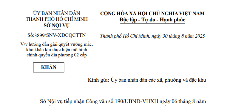 Đã có Công văn 3899/SNV-XDCQCTTN về giải quyết vướng mắc khó khăn khi thực hiện CQĐP 02 cấp tại TPHCM