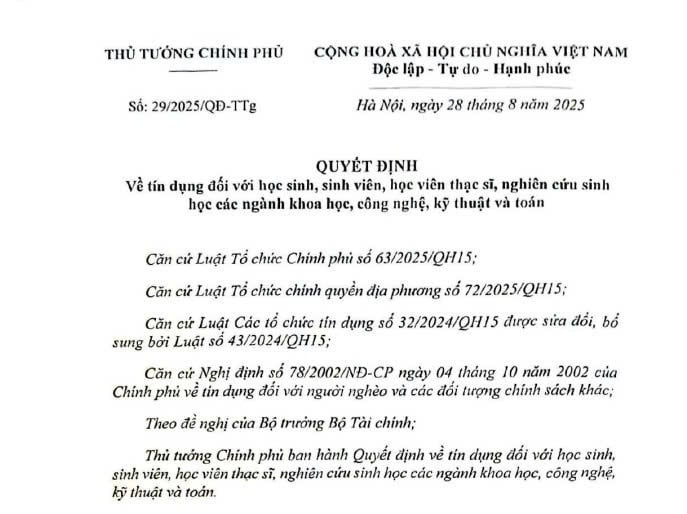Đã có Quyết định 29/2025/QĐ-TTg về tín dụng với HSSV, học viên thạc sĩ, nghiên cứu sinh học các ngành khoa học, công nghệ, kỹ thuật và toán 