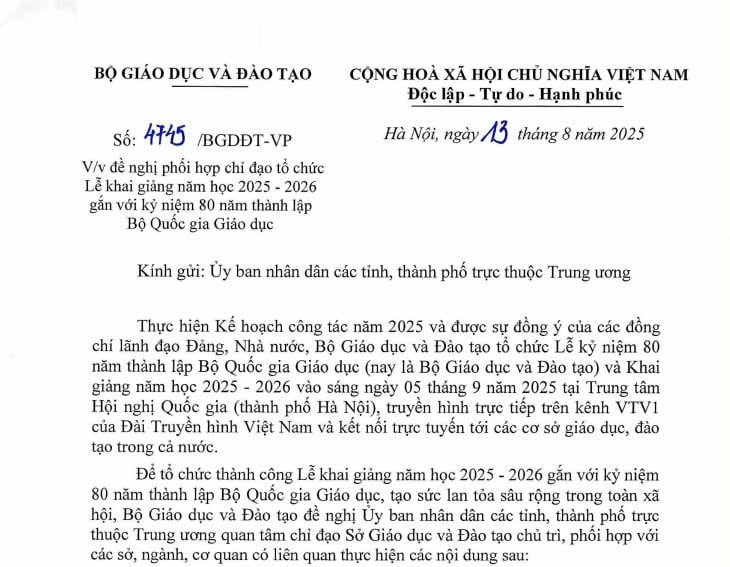 Công văn 4745: Phối hợp tổ chức Lễ Khai giảng năm học 2025- 2026 gắn với kỷ niệm 80 năm thành lập Bộ Quốc gia Giáo dục