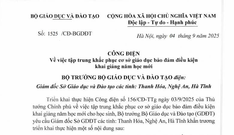 Công điện 1525/CĐ-BGDĐT: Tập trung khắc phục cơ sở giáo dục bảo đảm điều kiện khai giảng năm học mới