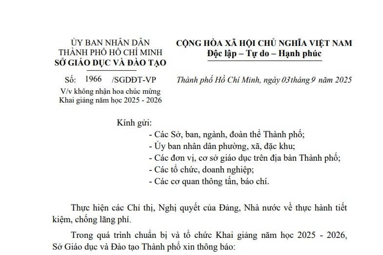 Công văn 1966/SGDĐT-VP: Không nhận hoa chúc mừng Khai giảng năm học 2025 - 2026 của ngành GD&ĐT TPHCM