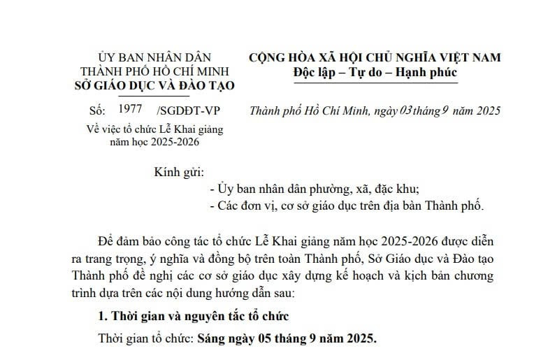 Công văn 1977/SGDĐT-VP: Chương trình Lễ Khai giảng năm học 2025-2026 tại TPHCM 