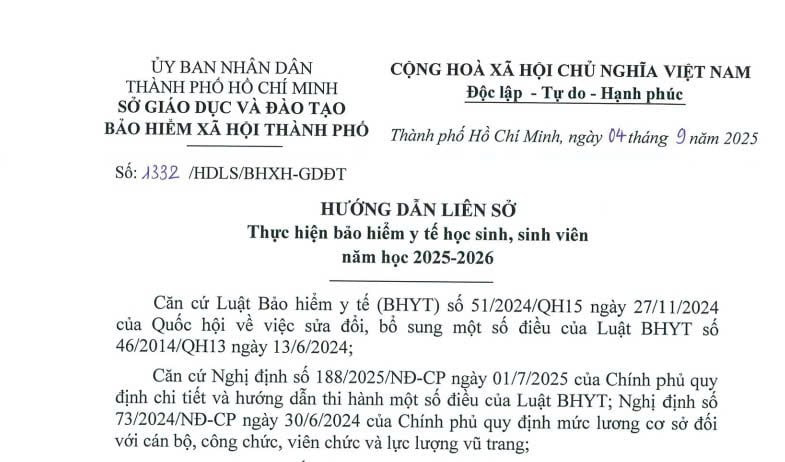 Hướng dẫn thu BHYT học sinh sinh viên năm học 2025-2026 tại các trường học trên địa bàn TPHCM 