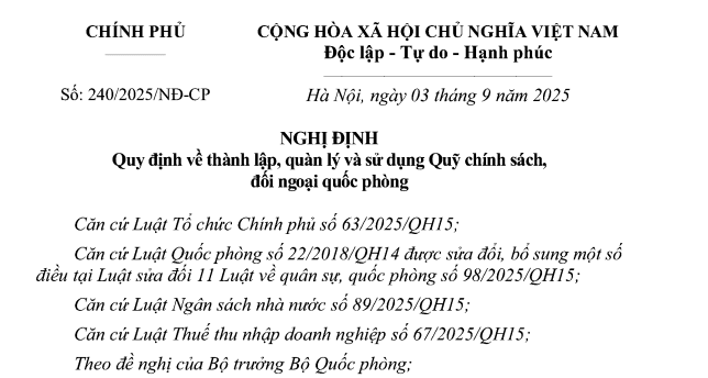 Đã có Nghị định 240/2025/NĐ-CP về thành lập quản lý và sử dụng Quỹ Chính Sách Đối Ngoại Quốc Phòng