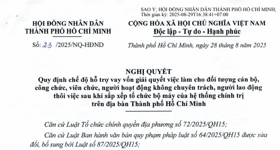 Toàn văn Nghị quyết 23/2025/NQ-HĐND về chế độ hỗ trợ cho cán bộ công chức giải quyết việc làm tại TPHCM