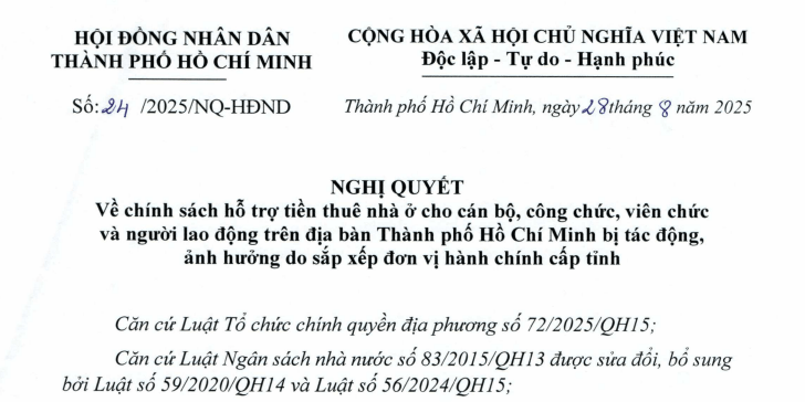 Đã có Nghị quyết 24/2025/NQ-HĐND về chính sách hỗ trợ tiền thuê nhà ở cho cán bộ công chức viên chức tại TPHCM