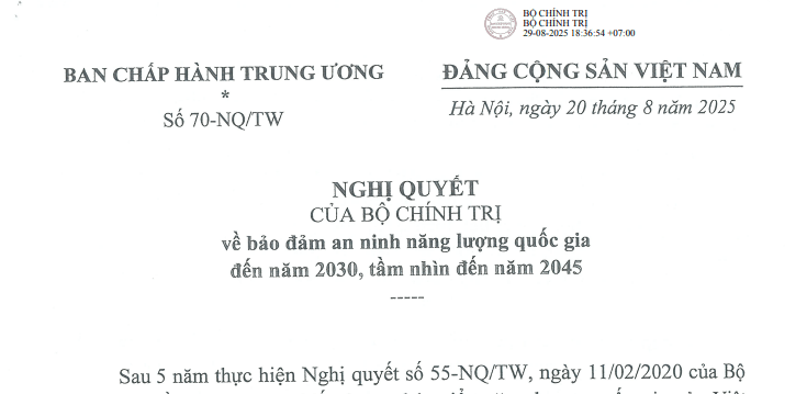 Đã có Nghị quyết 70-NQ/TW về bảo đảm an ninh năng lượng quốc gia đến năm 2030, tầm nhìn đến năm 2045
