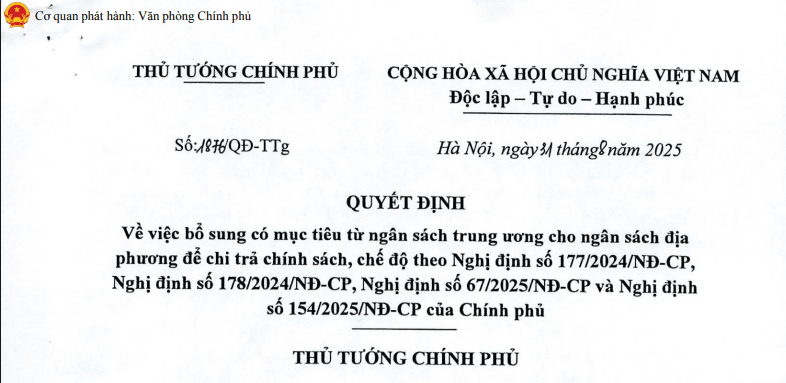Quyết định 1876: Tiếp tục bổ sung thêm ngân sách chi trả chế độ chính sách theo Nghị định 178 và Nghị định 154