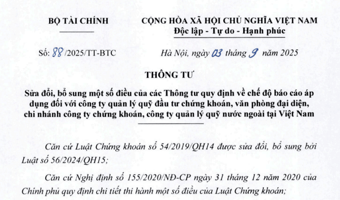 Toàn văn Thông tư 88/2025/TT-BTC sửa đổi chế độ báo cáo cho công ty quản lý quỹ đầu tư chứng khoán