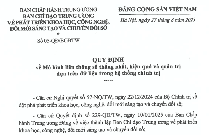 Đã có Quyết định 05-QĐ/BCĐTW về Mô hình liên thông số trong hệ thống chính trị