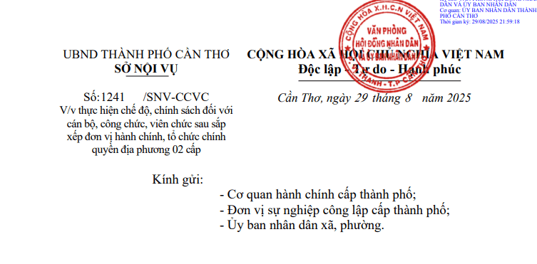 Toàn văn Công văn 1241/SNV-CCVC về chế độ chính sách đối với cán bộ công chức khi tổ chức CQĐP 02 cấp tại Cần Thơ 