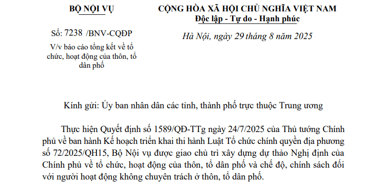 Đã có Công văn 7238/BNV-CQĐP báo cáo về hoạt động thôn tổ dân phố và chế độ chính sách cán bộ không chuyên trách
