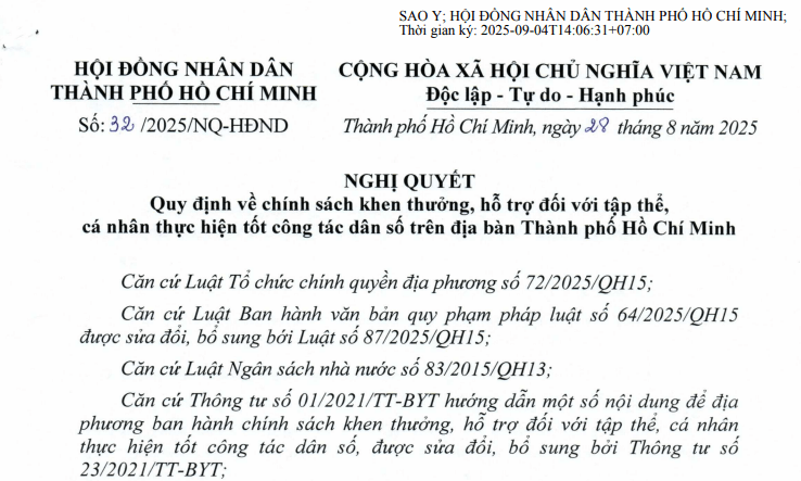 Đã có Nghị quyết 32/2025/NQ-HĐND về chính sách khen thưởng hỗ trợ công tác dân số tại TPHCM