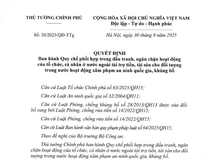 Quyết định 30/2025/QĐ-TTg quy chế phối hợp ngăn chặn tài trợ xâm phạm an ninh quốc gia