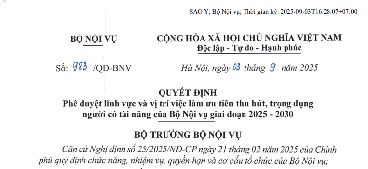 Quyết định 983: Bộ Nội vụ công bố lĩnh vực và vị trí việc làm ưu tiên người có tài năng giai đoạn 2025-2030