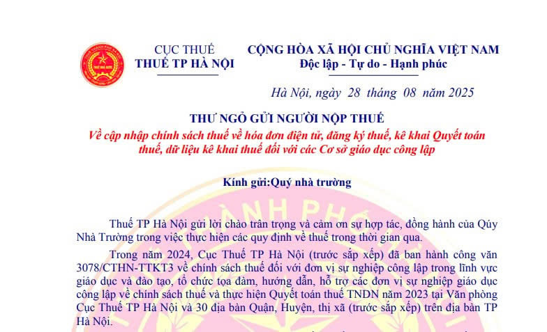 Thư ngỏ cập nhật chính sách về hóa đơn điện tử, đăng ký thuế với các Cơ sở giáo dục công lập tại Hà Nội