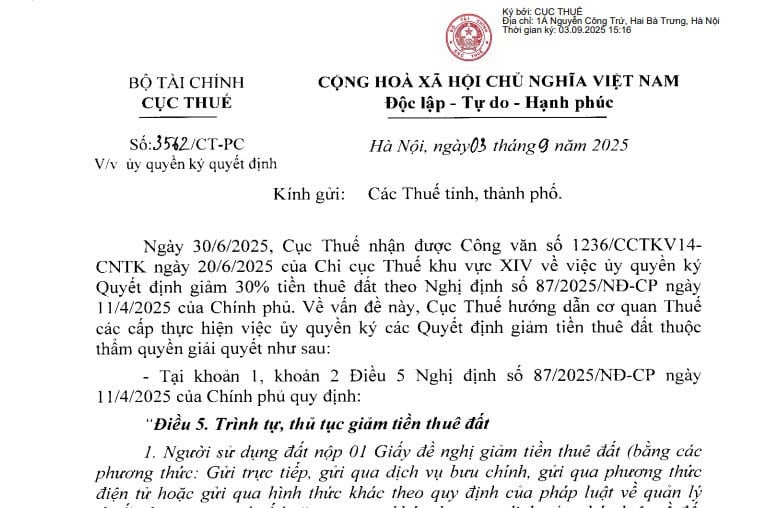 Công văn 3562/CT-PC: Hướng dẫn uỷ quyền ký quyết định giảm tiền thuê đất