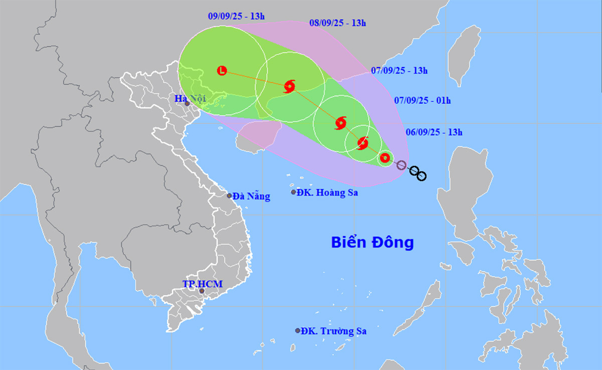 Dự báo đường đi, khu vực ảnh hưởng của áp thấp nhiệt đới khả năng cao mạnh thành bão số 7. (Nguồn: NCHMF)