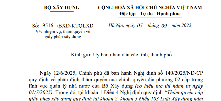 Công văn 9516/BXD-KTQLXD: Bộ Xây dựng có hướng dẫn mới về giấy phép xây dựng